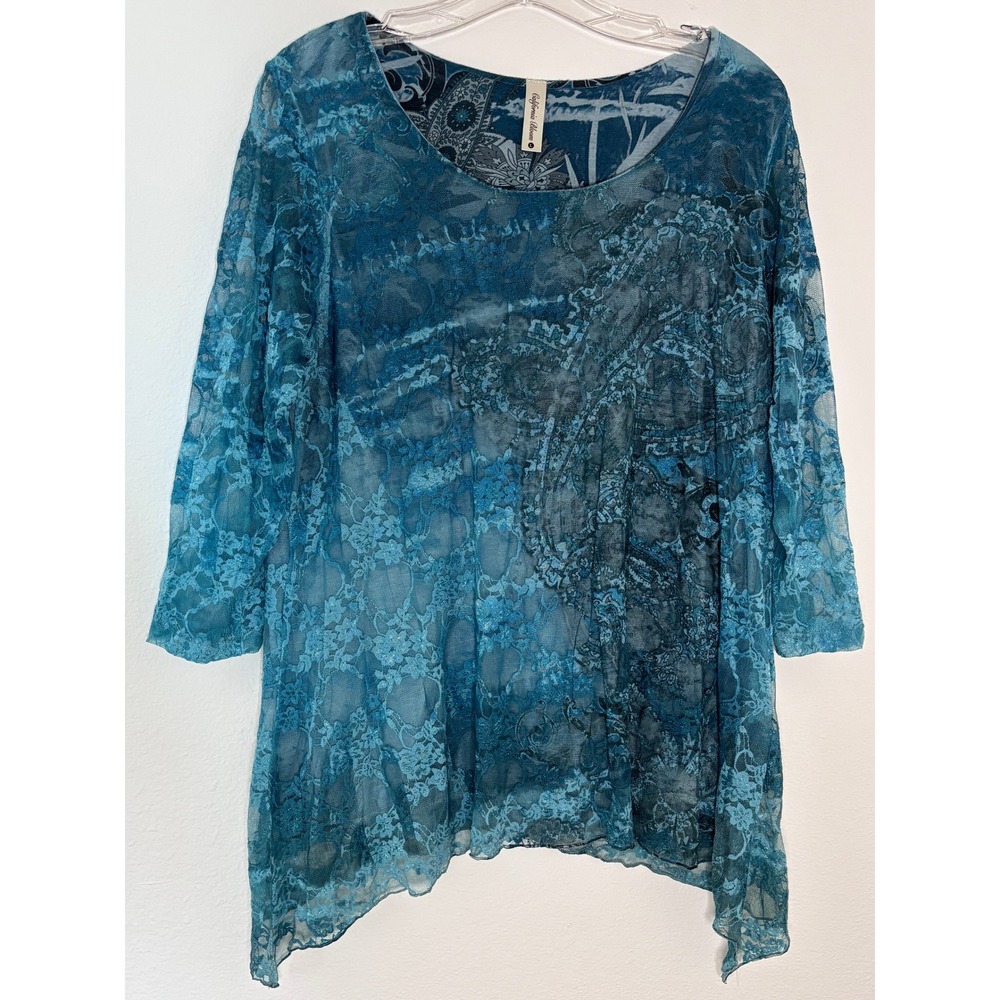 California Bloom Blue Paisley Lace Sharkbite Hem Tunic Top 3/4 Sleeve Large